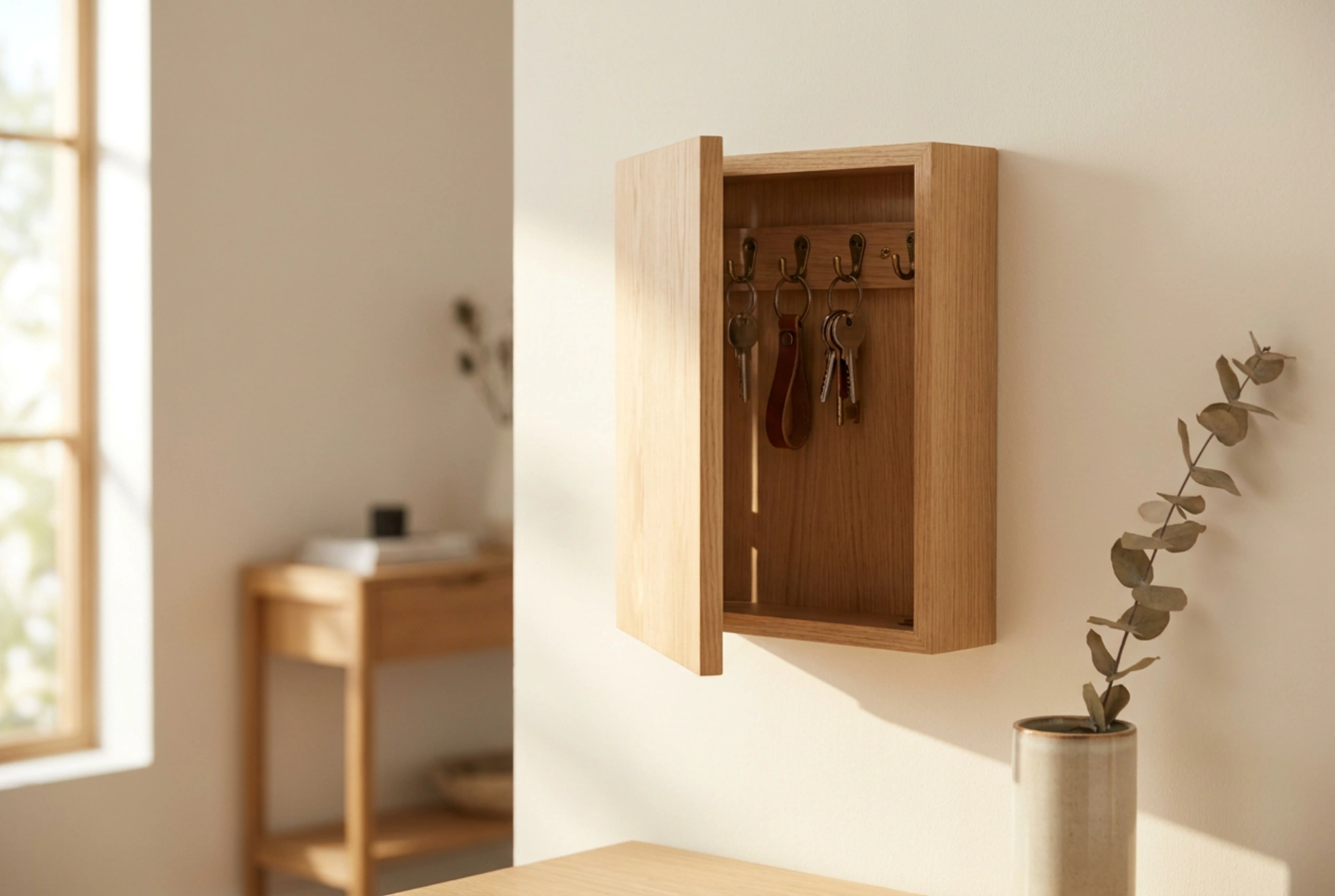 Puinen avainkaappi järjestetyssä eteisessä