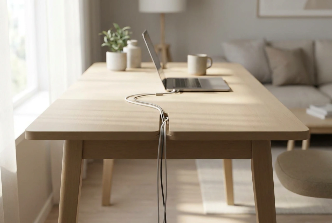 Työpöydän kaapelikouru ergonomisessa työpisteessä