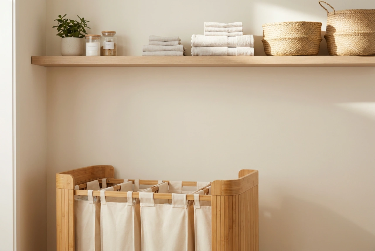Lokerollinen pyykkikori helpottaa värien ja materiaalien lajittelua