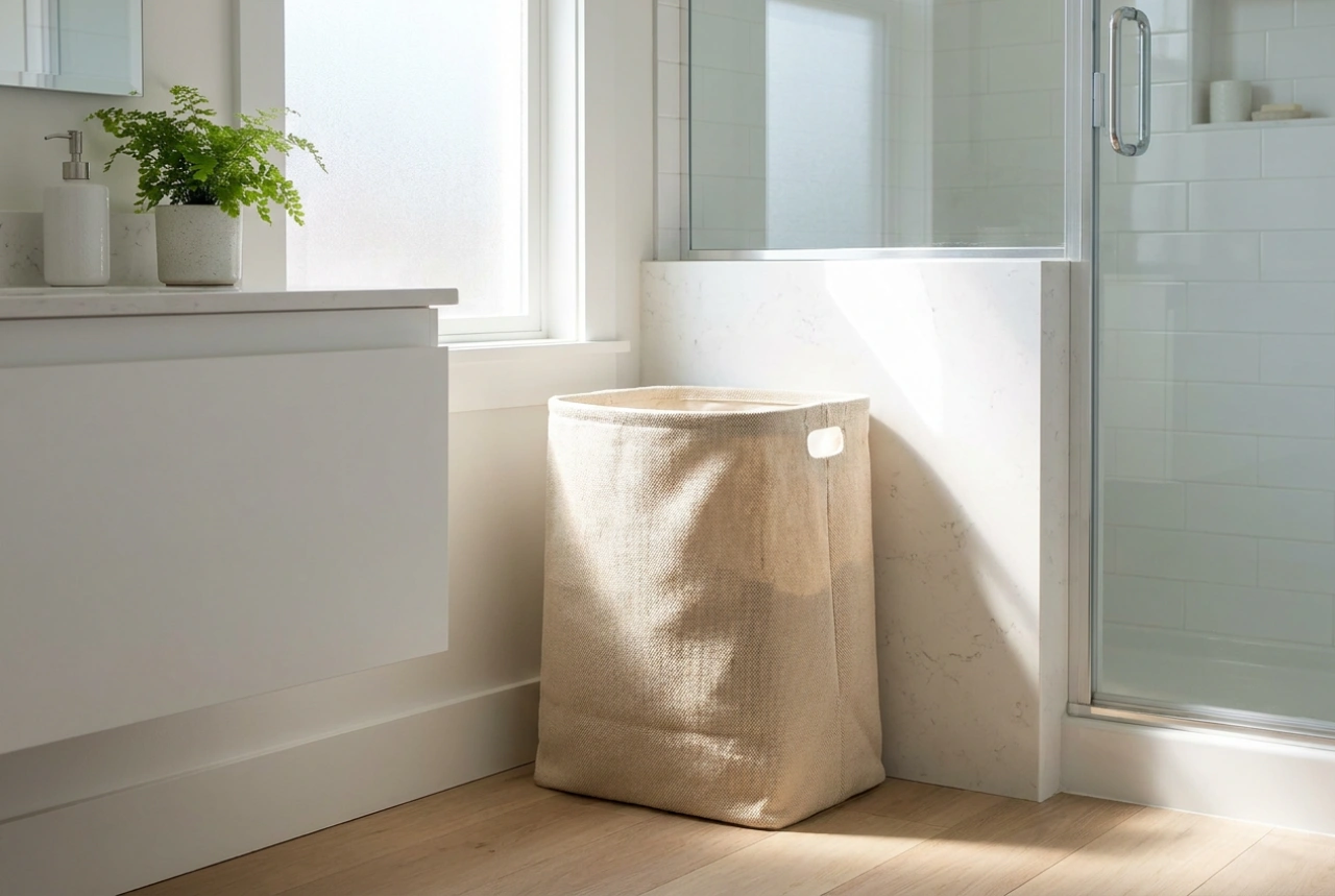 Pyöreä pyykkikori ja sen käytännöllinen sijoittaminen nurkkaan