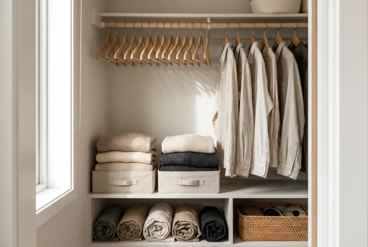 Miten jakaa kapea makuuhuoneen vaatekaappi kausivaatteille